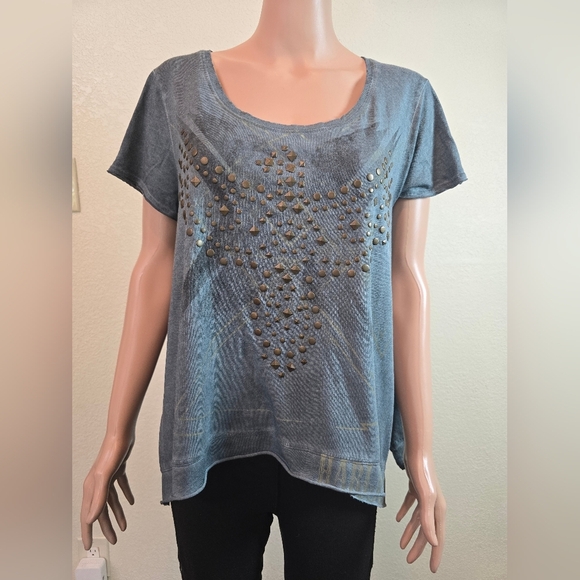 HARLEY DAVIDSON Multi-Stud V Neck Short Sleeve Sharkbite Hem Green Tee Sz Large - Picture 1 of 9